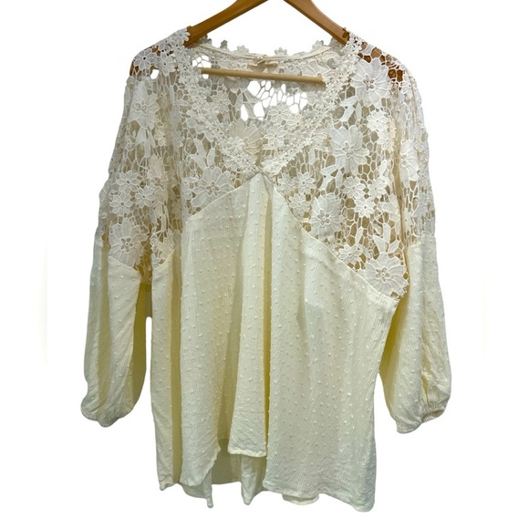 ODDY Cream Lace Crochet Floral Swiss Dot Flowy V Neck Popover Blouse Top - 2X - Picture 1 of 10